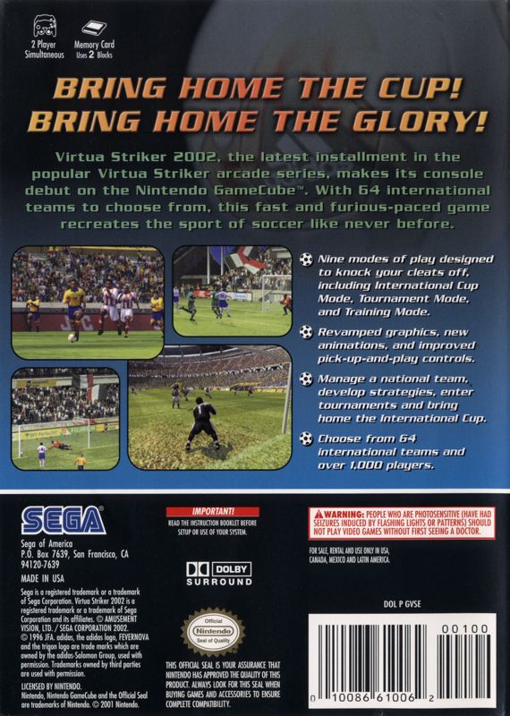 Back Cover for Virtua Striker 2002 (GameCube)