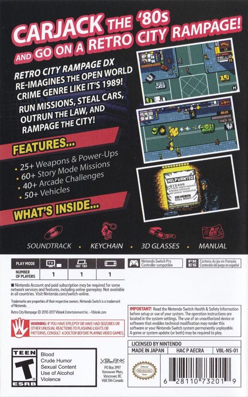Back Cover for Retro City Rampage: DX (Collector's Edition) (Nintendo Switch)