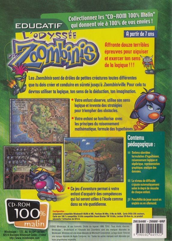 Back Cover for Logical Journey of the Zoombinis (Windows) (CD-ROM 100% Malin release)