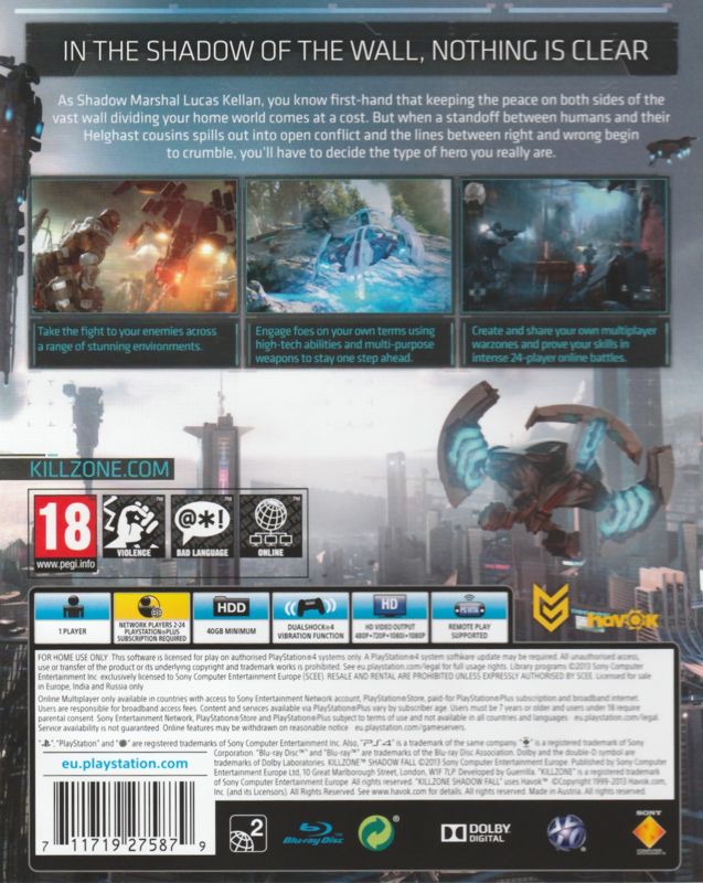 Back Cover for Killzone: Shadow Fall (PlayStation 4)