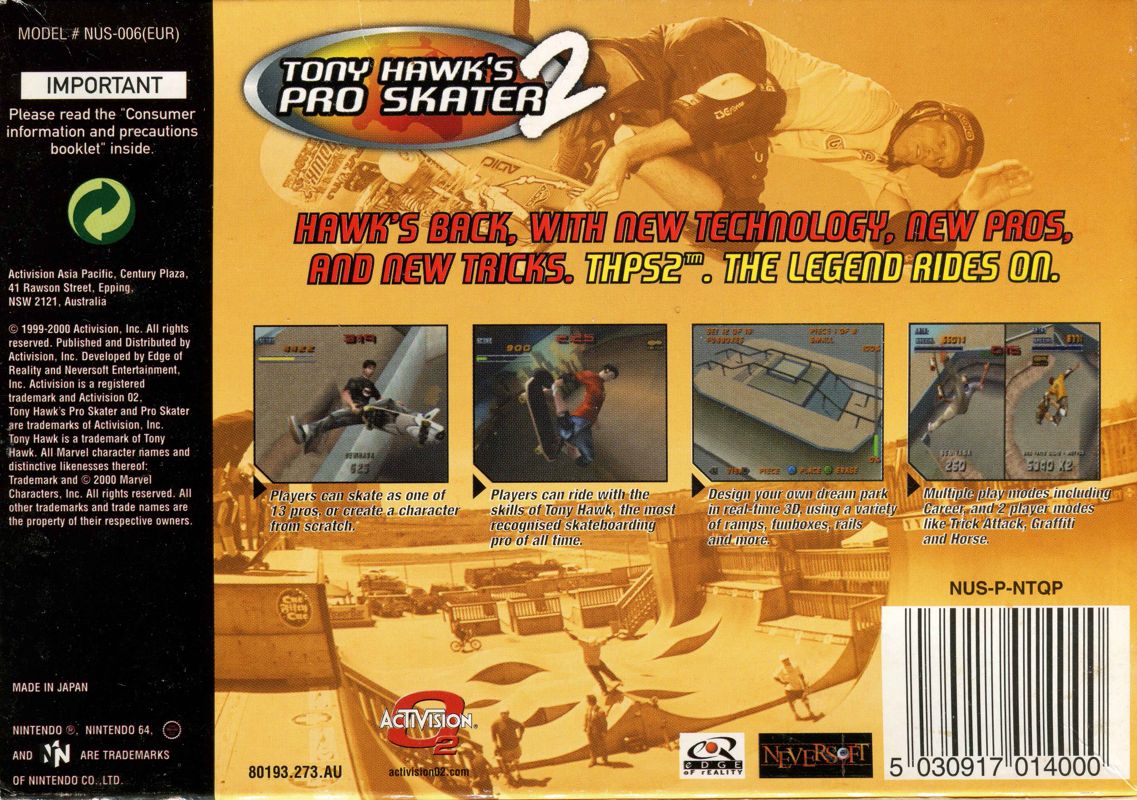 Back Cover for Tony Hawk's Pro Skater 2 (Nintendo 64)