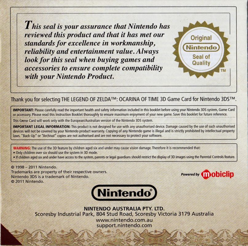 Manual for The Legend of Zelda: Ocarina of Time 3D (Ocarina Edition) (Nintendo 3DS): Back
