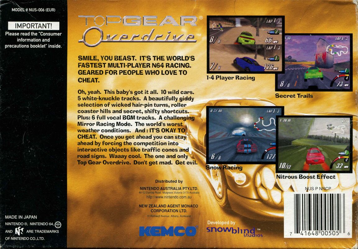 Back Cover for Top Gear: Overdrive (Nintendo 64)