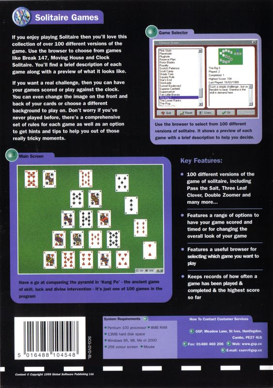 Back Cover for Solitaire Games (Windows) (GSP Black Label release)