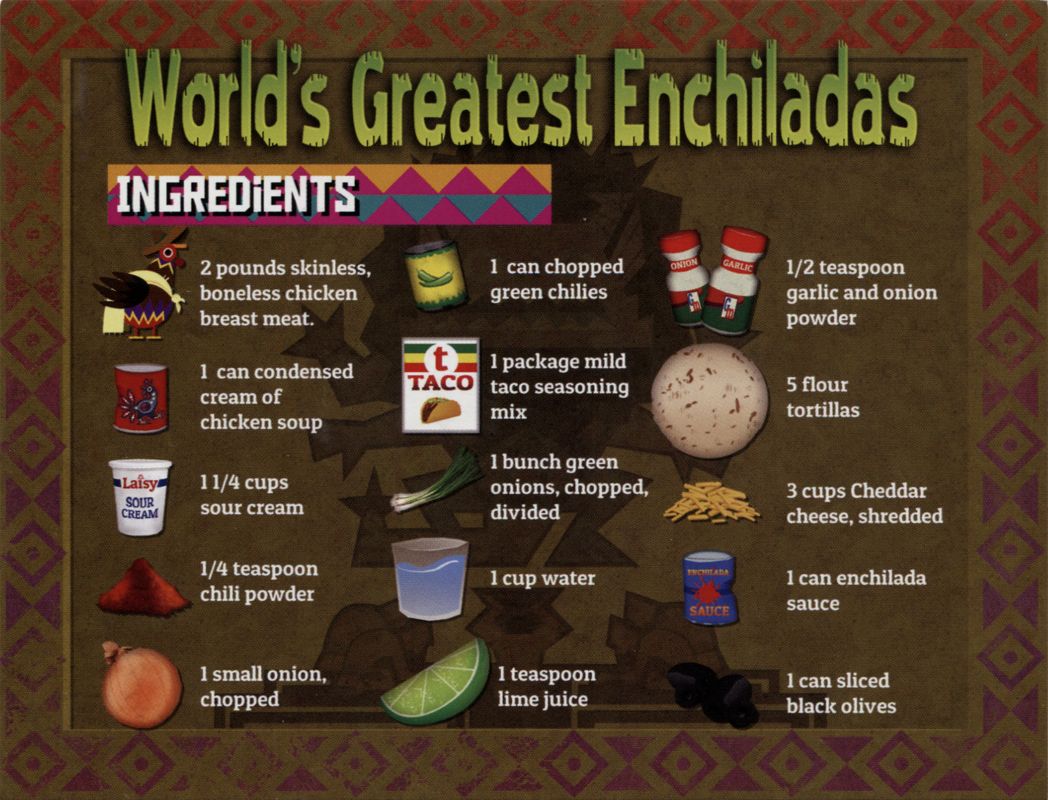 Extras for Guacamelee! Definite Collection (Linux and Macintosh and Windows): "World's Greatest Enchiladas" recipe card - Front