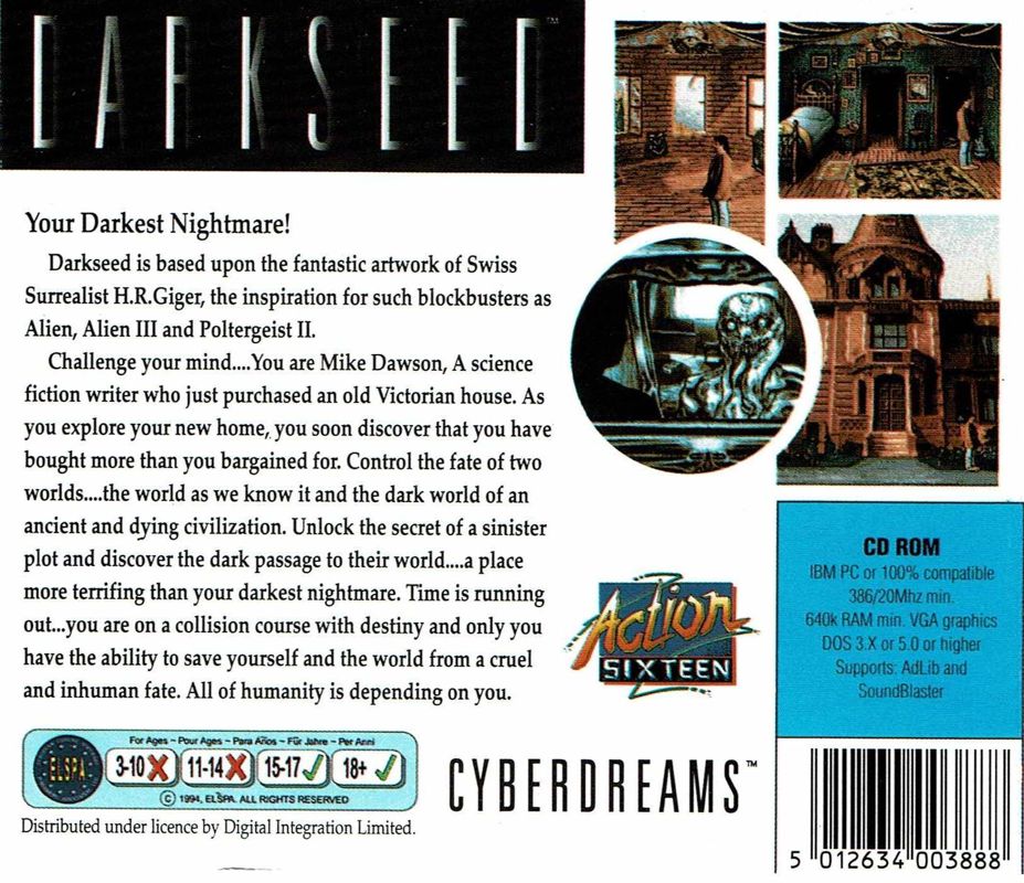 Back Cover for Dark Seed (DOS) (Action Sixteen release)