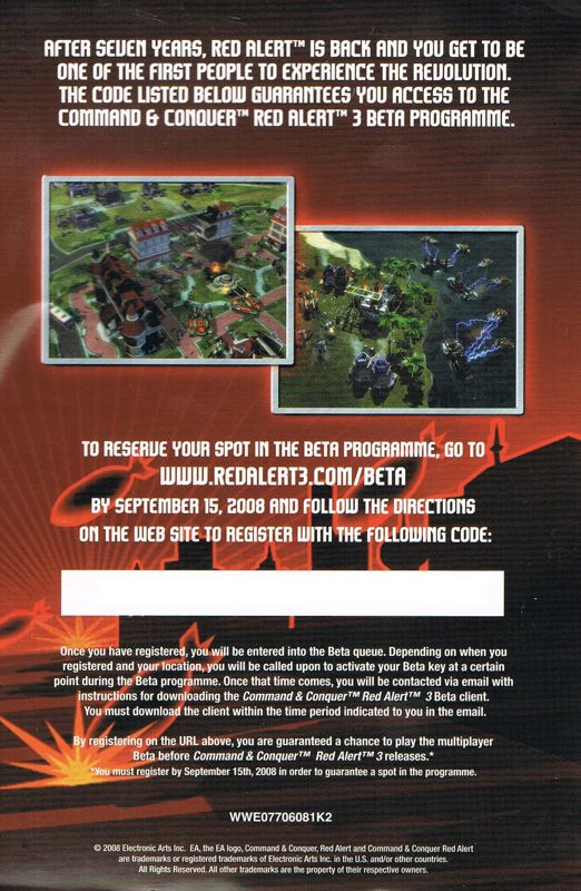 Extras for Command & Conquer 3: Kane's Wrath (Windows): <i>C&C: Red Alert 3</i> beta invitation - Back