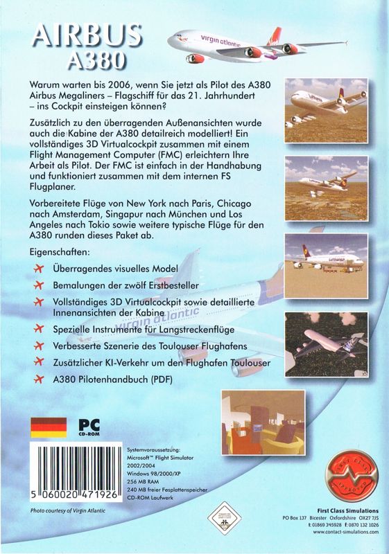 Back Cover for Fly the Airbus A380 (Windows) (Cover printed in English on one side, in German on the other): German