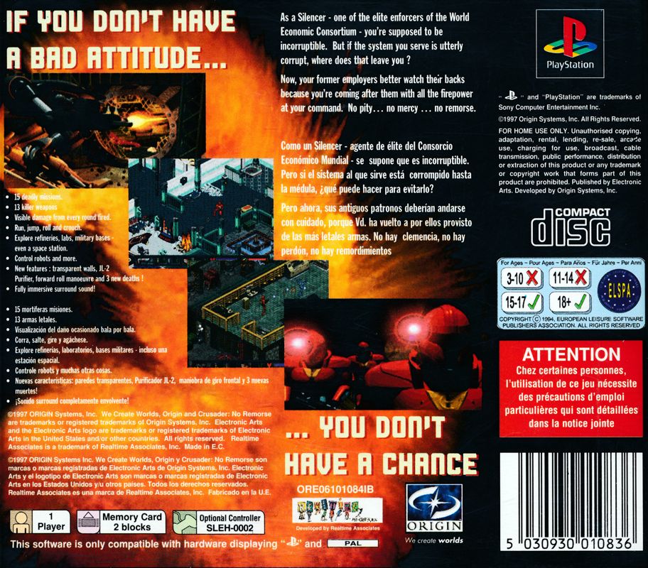 Back Cover for Crusader: No Remorse (PlayStation)