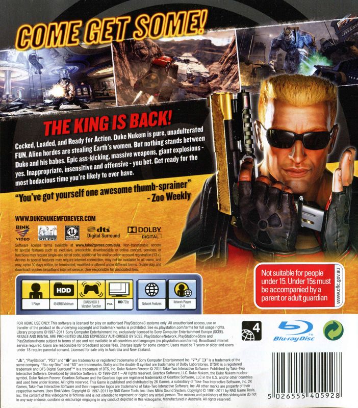 Back Cover for Duke Nukem Forever (PlayStation 3)