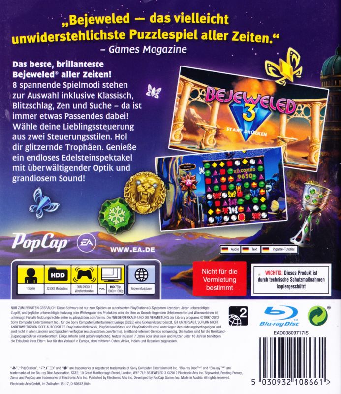 Back Cover for Bejeweled 3 (PlayStation 3)