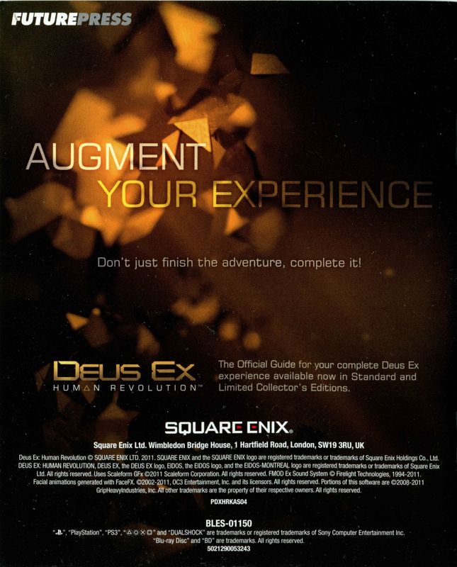 Manual for Deus Ex: Human Revolution (PlayStation 3) (Essentials release): Back
