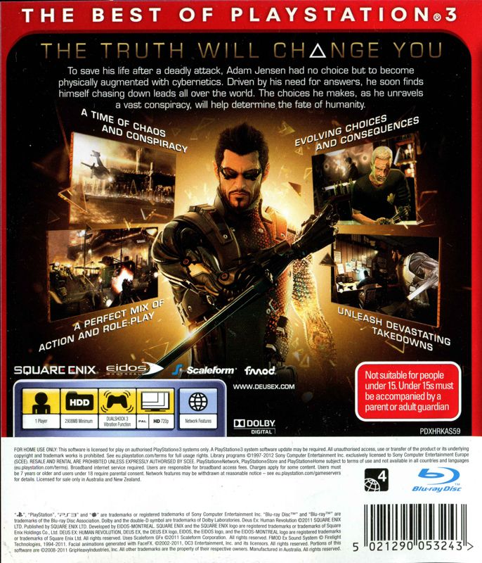 Back Cover for Deus Ex: Human Revolution (PlayStation 3) (Essentials release)