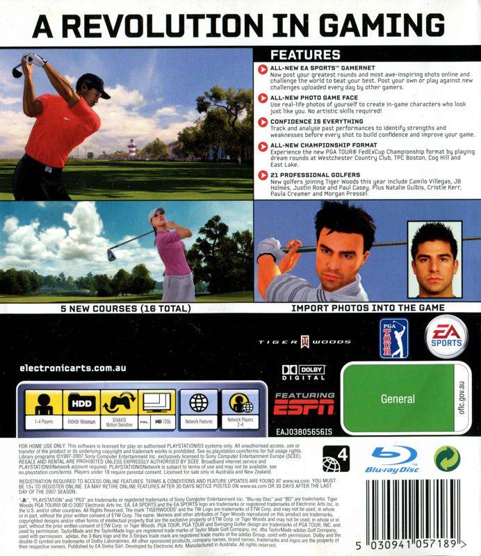Back Cover for Tiger Woods PGA Tour 08 (PlayStation 3)