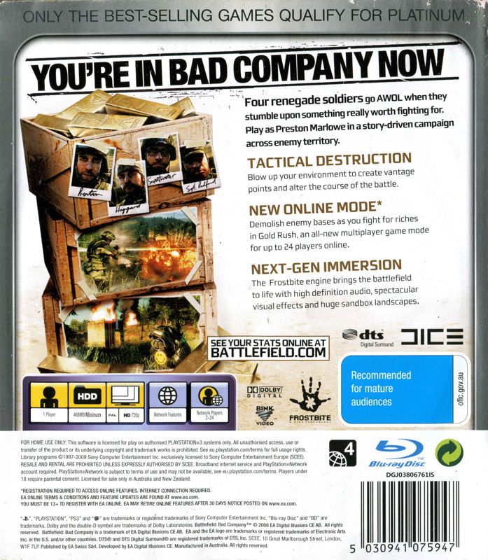 Back Cover for Battlefield: Bad Company (PlayStation 3) (Platinum release)