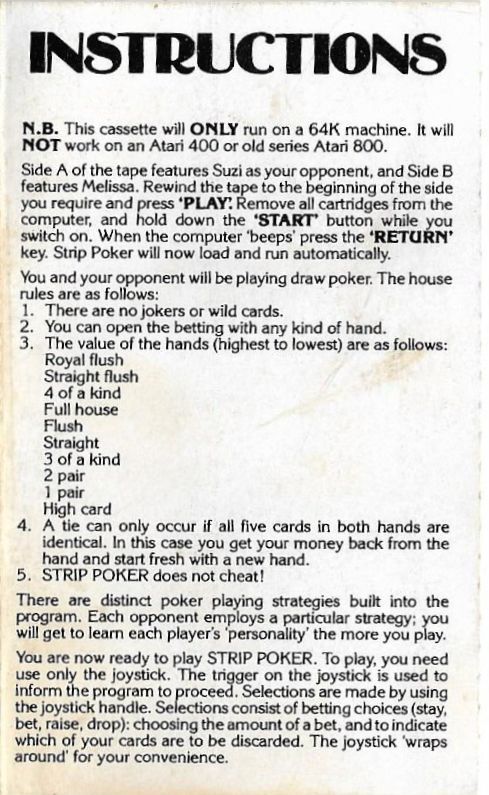 Inside Cover for Strip Poker: A Sizzling Game of Chance (Atari 8-bit)