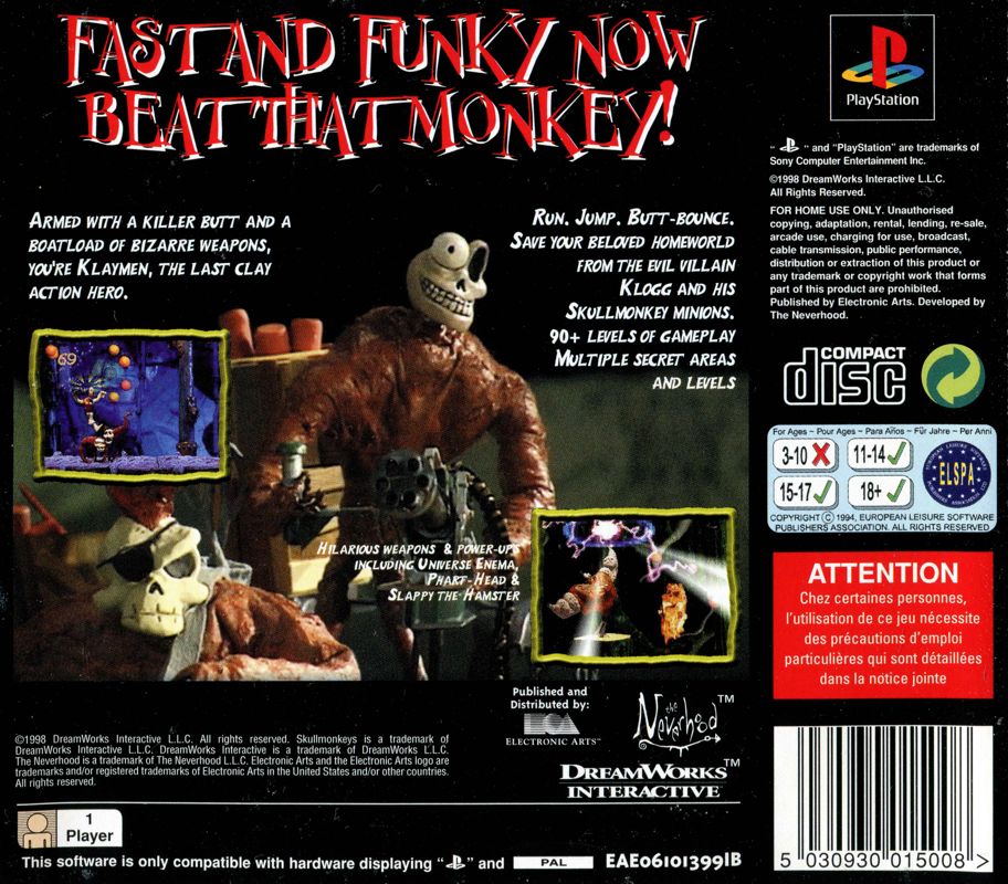 Back Cover for Skullmonkeys (PlayStation)