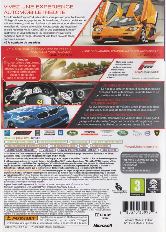 Back Cover for Forza Motorsport 4 (Xbox 360)