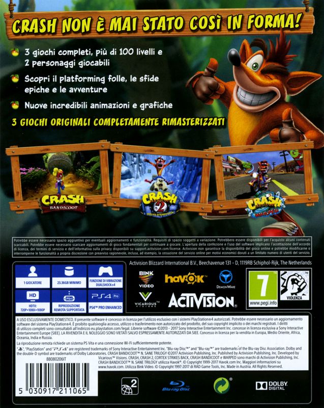 Back Cover for Crash Bandicoot: N. Sane Trilogy (PlayStation 4)