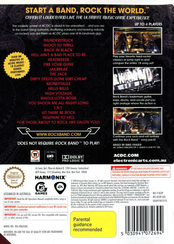 Back Cover for AC/DC Live: Rock Band - Track Pack (Wii)
