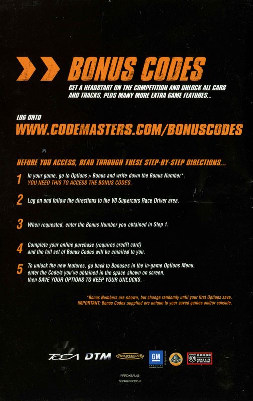 Manual for Pro Race Driver (Xbox): Back