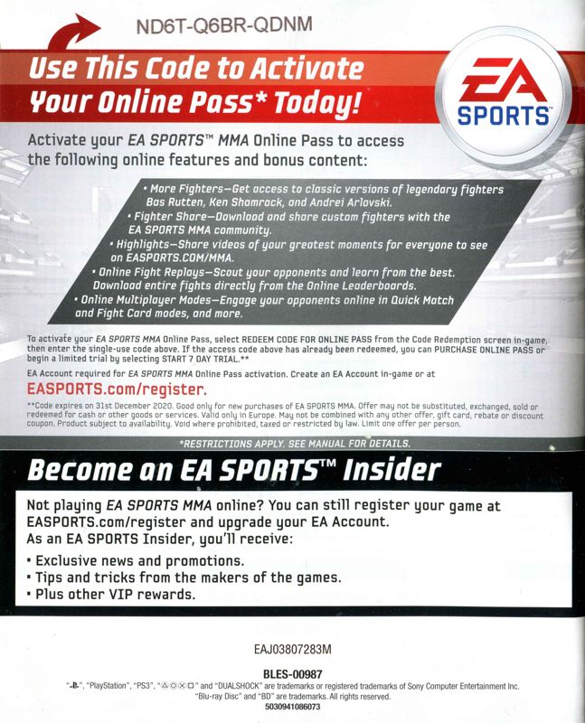 Manual for EA Sports MMA (PlayStation 3): Back