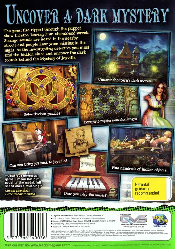 Back Cover for PuppetShow: Mystery of Joyville (Windows) (Blacklime Games release)