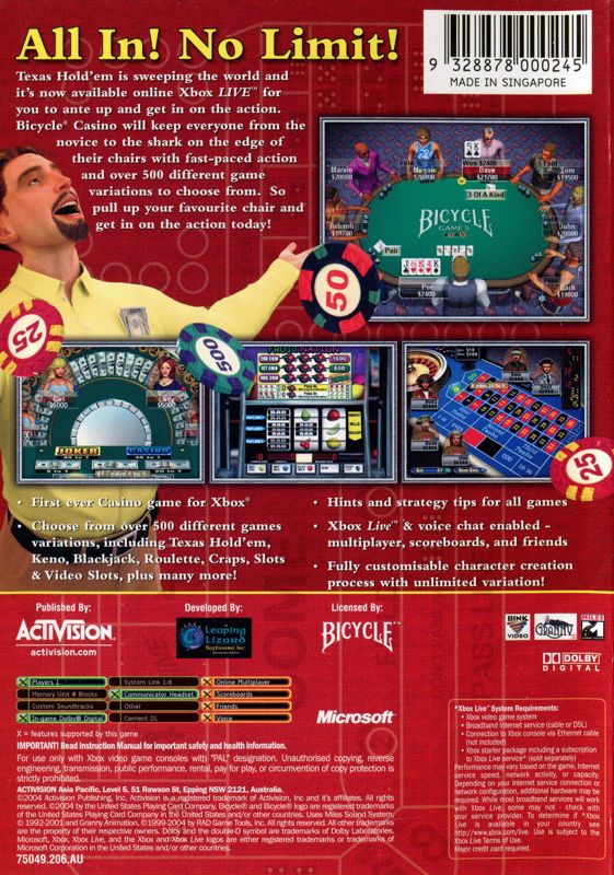 Back Cover for Bicycle Casino (Xbox)