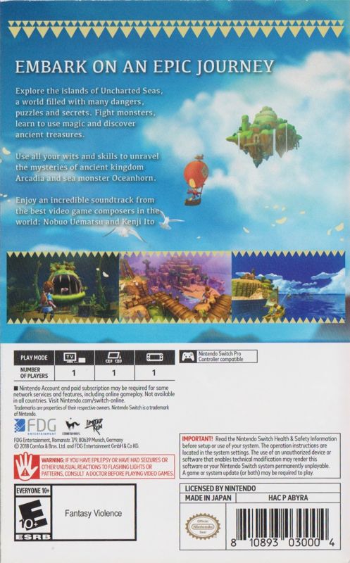 Back Cover for Oceanhorn: Monster of Uncharted Seas (Nintendo Switch)