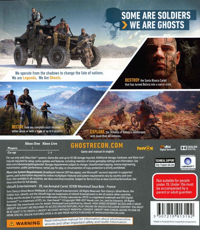 Back Cover for Tom Clancy's Ghost Recon: Wildlands (Xbox One)