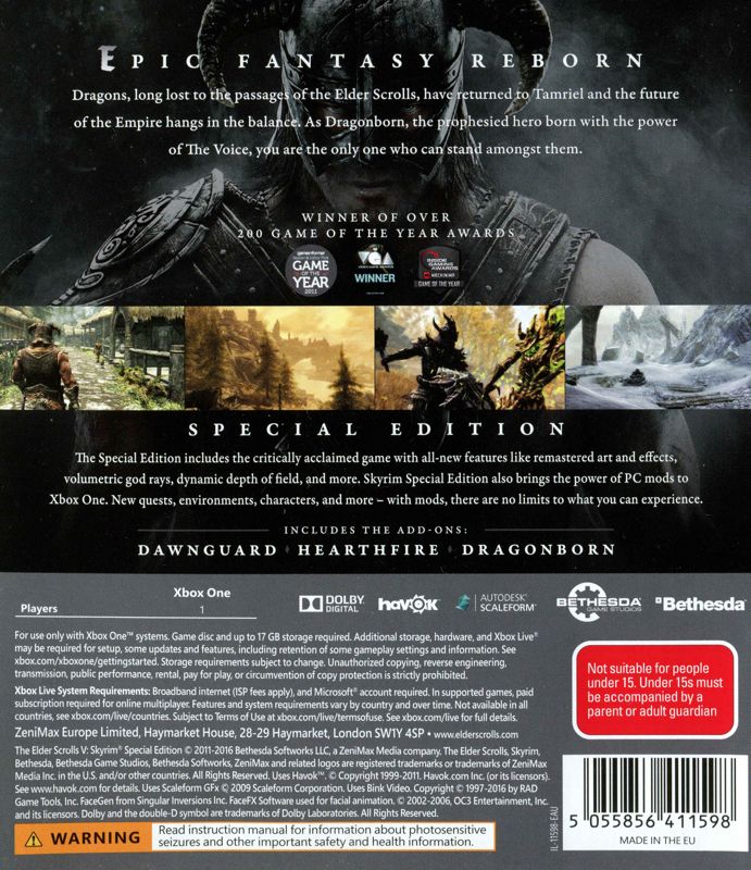 Back Cover for The Elder Scrolls V: Skyrim - Special Edition (Xbox One)