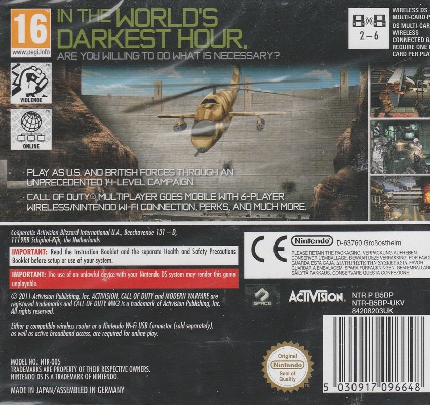 Back Cover for Call of Duty: MW3 - Defiance (Nintendo DS)