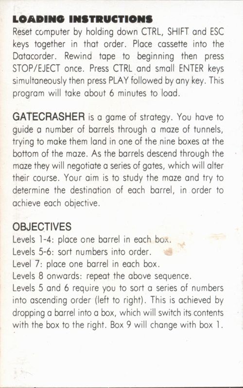 Inside Cover for Gatecrasher (Amstrad CPC)