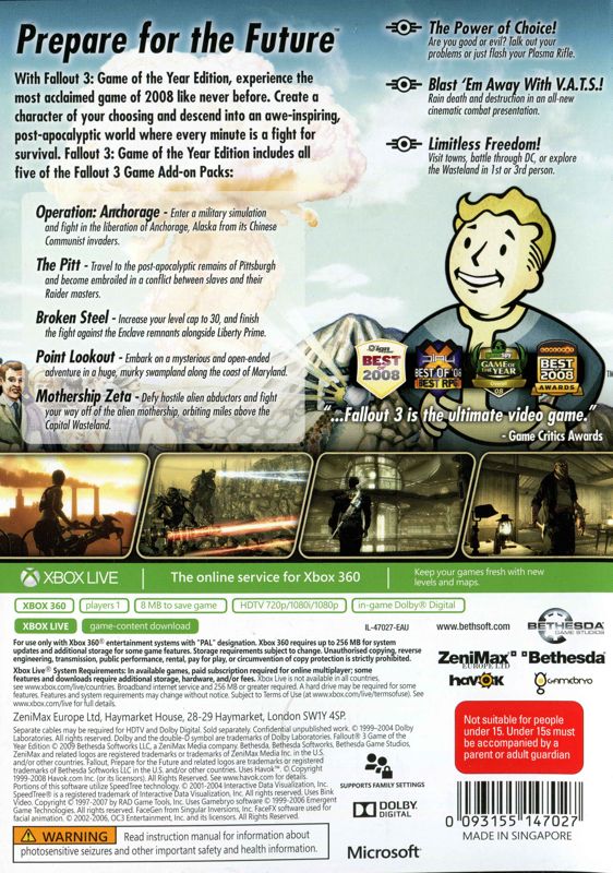 Back Cover for Fallout 3: Game of the Year Edition (Xbox 360) (Classics release)