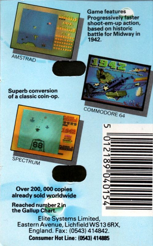 Back Cover for 1942 (Amstrad CPC) (Budget re-release)