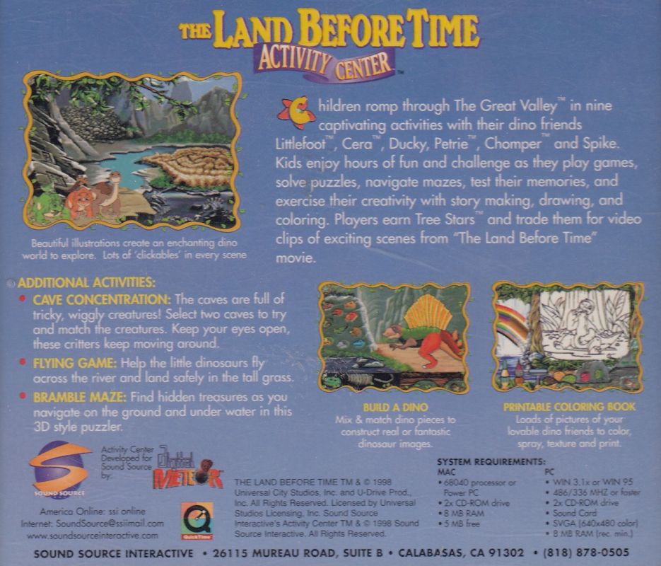 Back Cover for The Land Before Time: Activity Center (Macintosh and Windows)