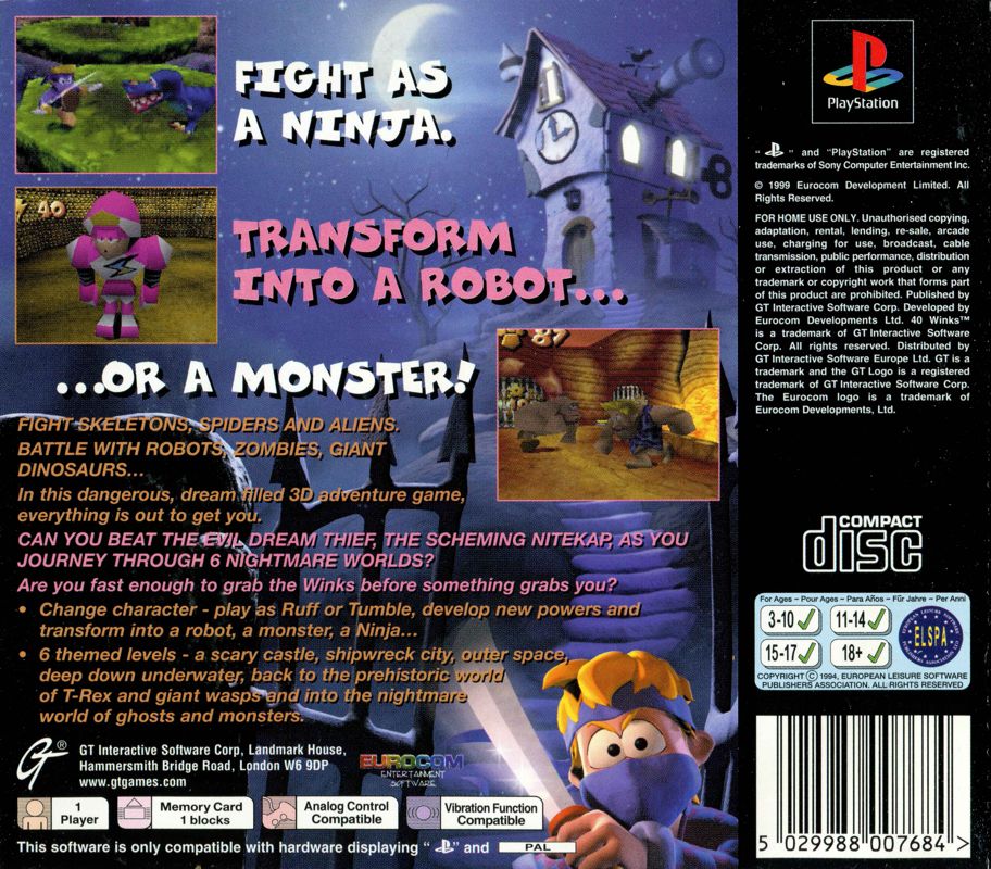 Back Cover for 40 Winks (PlayStation)