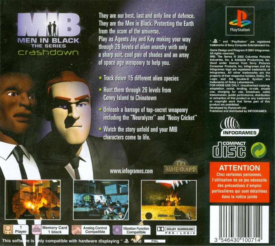 Back Cover for Men in Black: The Series - Crashdown (PlayStation) (Best of Infogrames release)