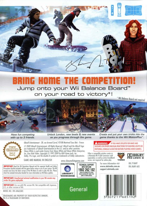 Back Cover for Shaun White Snowboarding: World Stage (Wii)