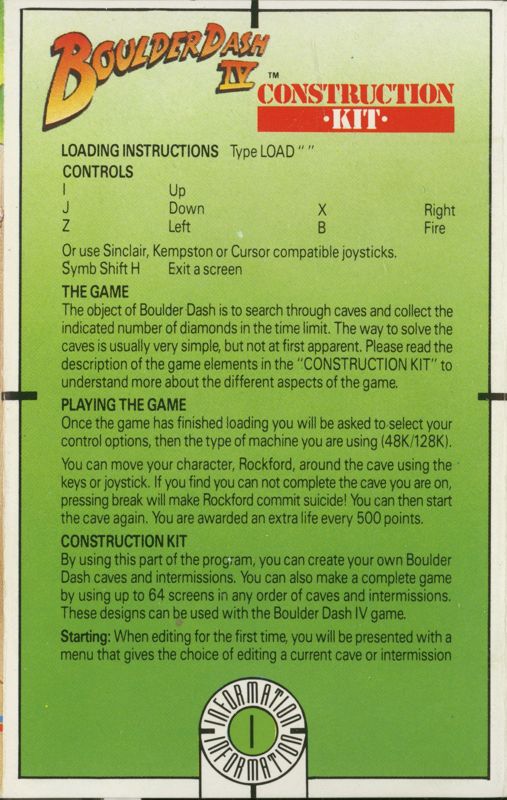 Inside Cover for Boulder Dash: Construction Kit (ZX Spectrum) (Budget re-release)
