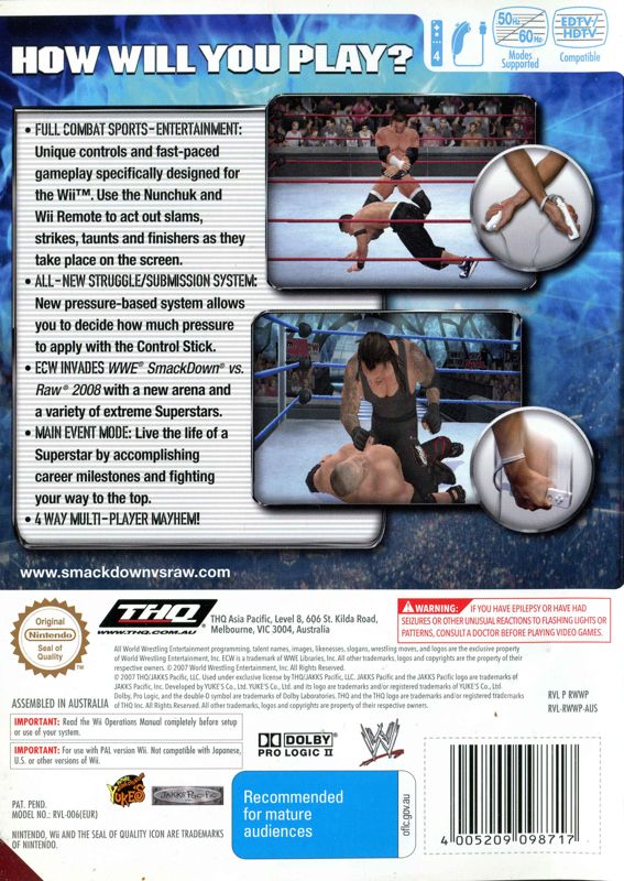 Back Cover for WWE Smackdown vs. Raw 2008 (Wii)