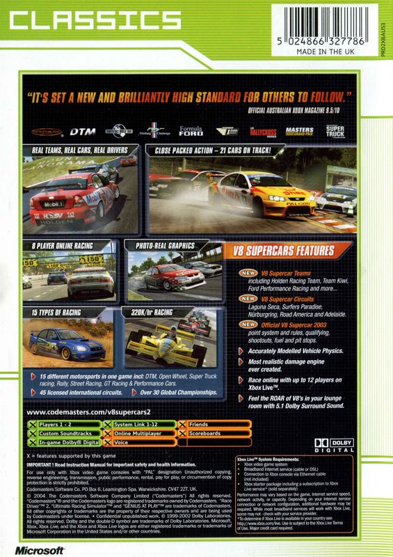 Back Cover for TOCA Race Driver 2 (Xbox) (Classics release)