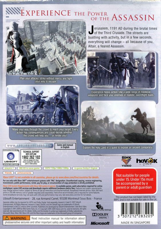 Back Cover for Assassin's Creed (Xbox 360) (Classics release)
