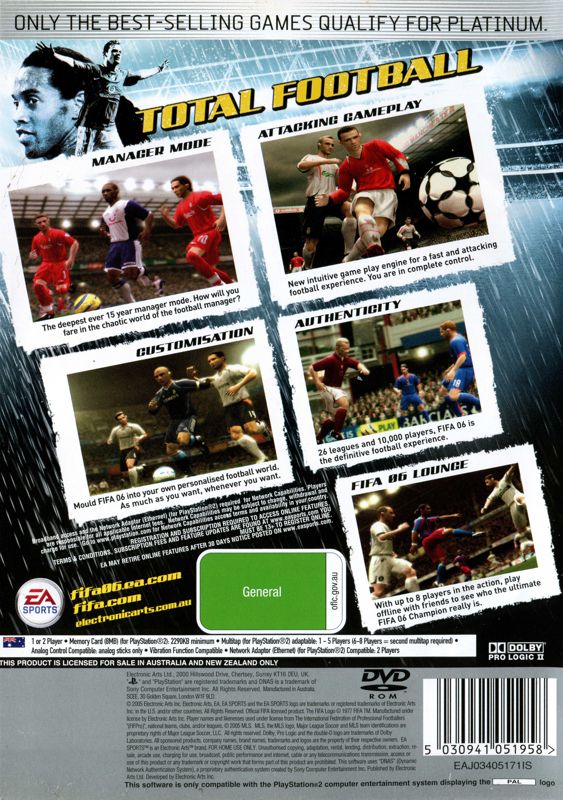 Back Cover for FIFA Soccer 06 (PlayStation 2) (Platinum release)