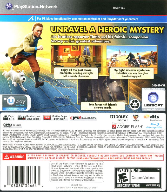Back Cover for The Adventures of Tintin: The Game (PlayStation 3)