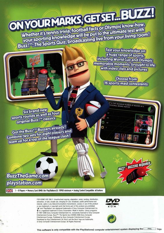 Back Cover for Buzz! The Sports Quiz (PlayStation 2)