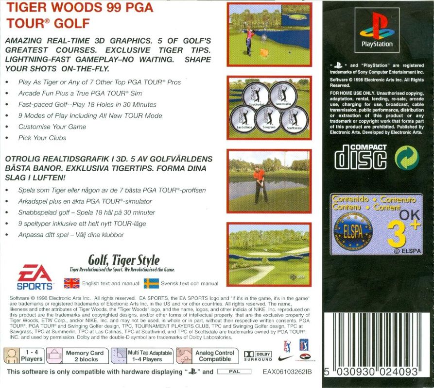 Back Cover for Tiger Woods 99 PGA Tour Golf (PlayStation) (Classics/Value Series re-release)