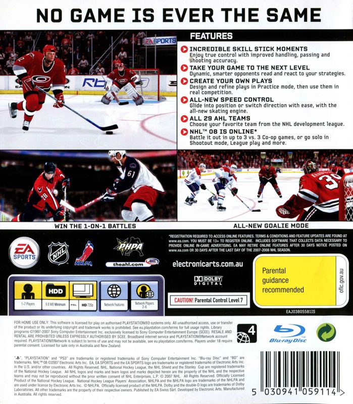 Back Cover for NHL 08 (PlayStation 3)