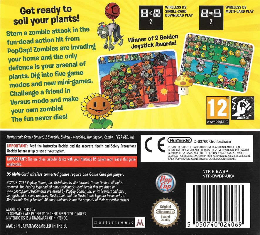 Back Cover for Plants vs. Zombies (Nintendo DS)