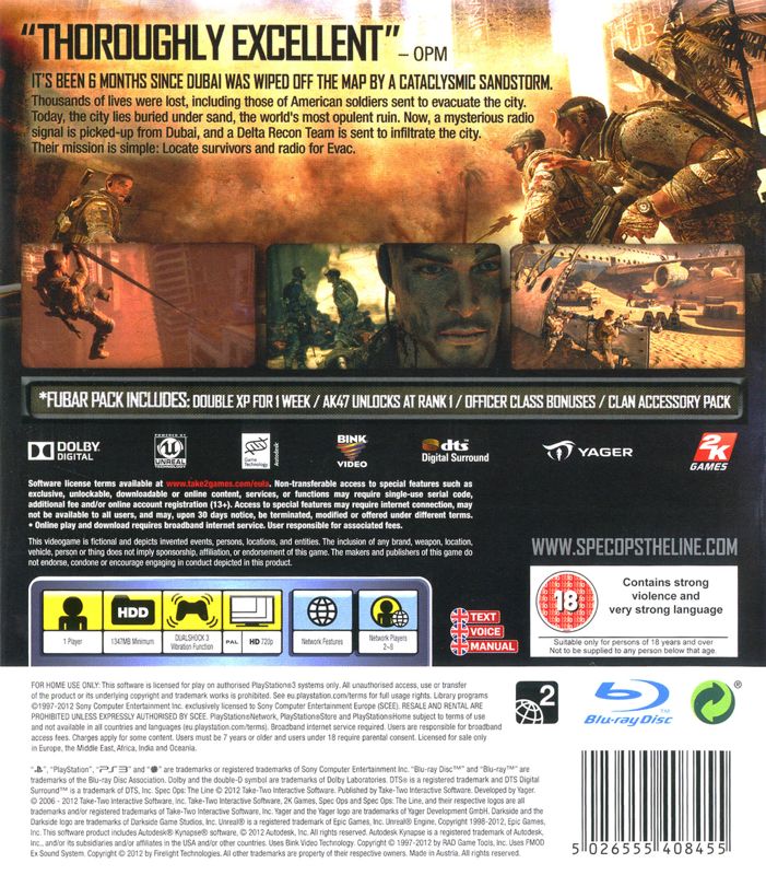 Back Cover for Spec Ops: The Line (Premium Edition) (PlayStation 3)